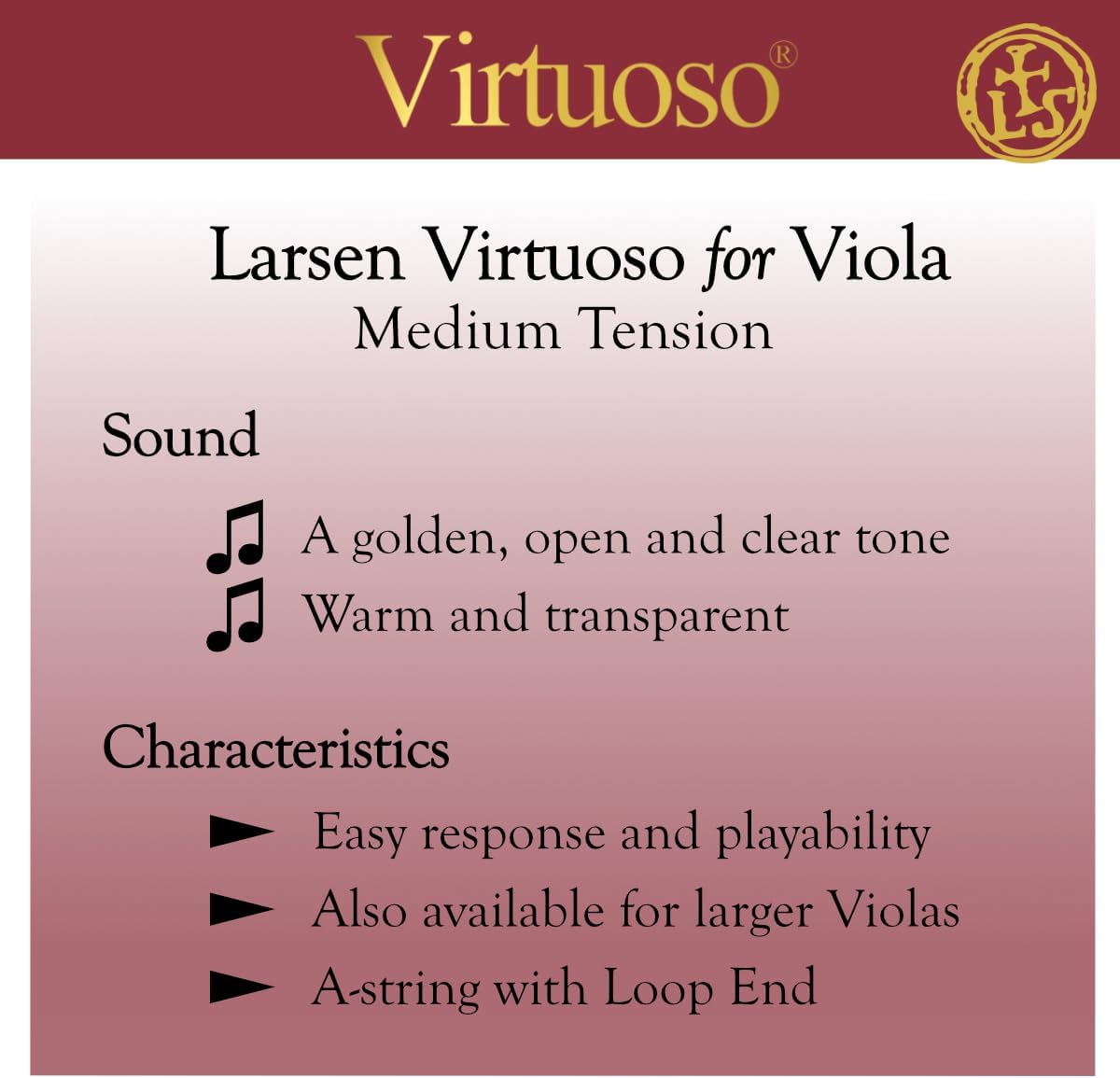 Larsen Virtuoso Viola Strings – Medium Tension Professional Set with A Loop End for Warm & Clear Sound