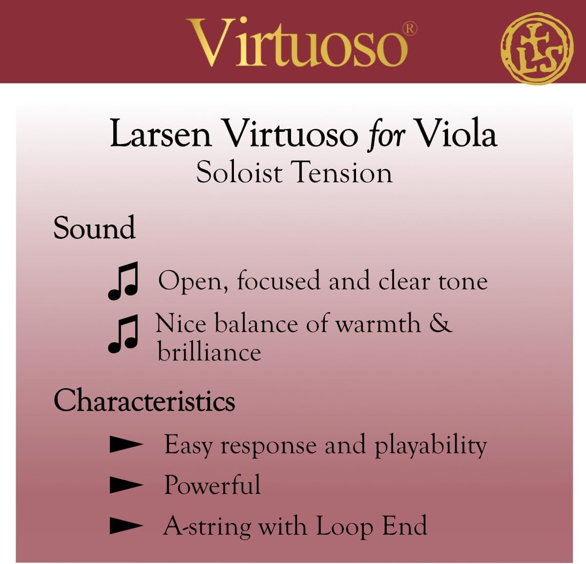 Larsen Virtuoso Viola Strings – Professional Soloist Set with A Loop End for Projection & Depth