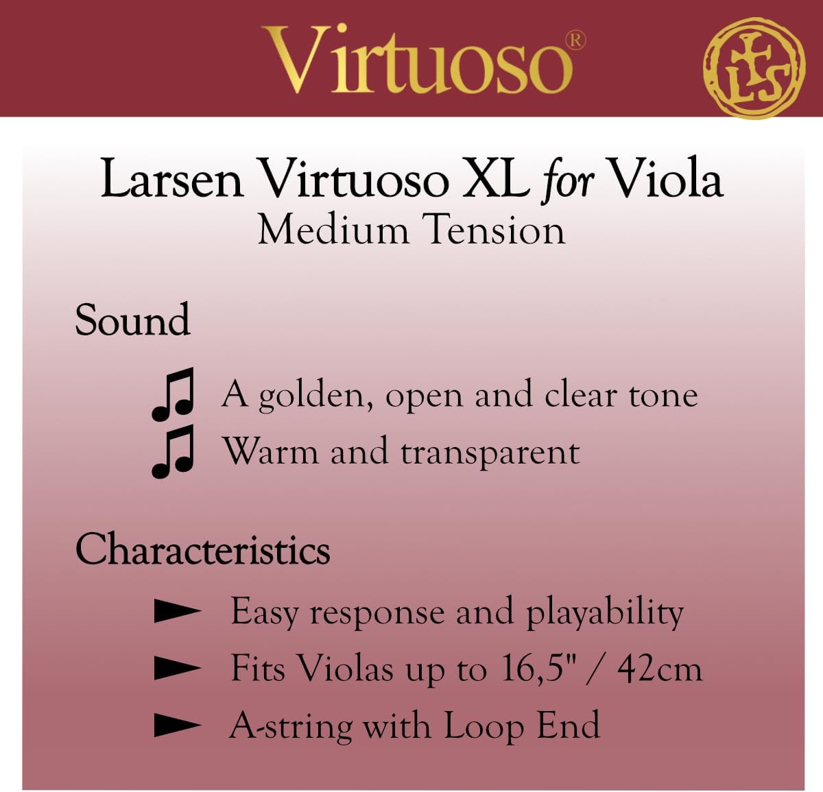 Larsen Virtuoso Viola Extra Long Strings – Medium Tension 42 cm / 16.5” Professional Set with A Loop End for Warm & Clear Sound for larger violas