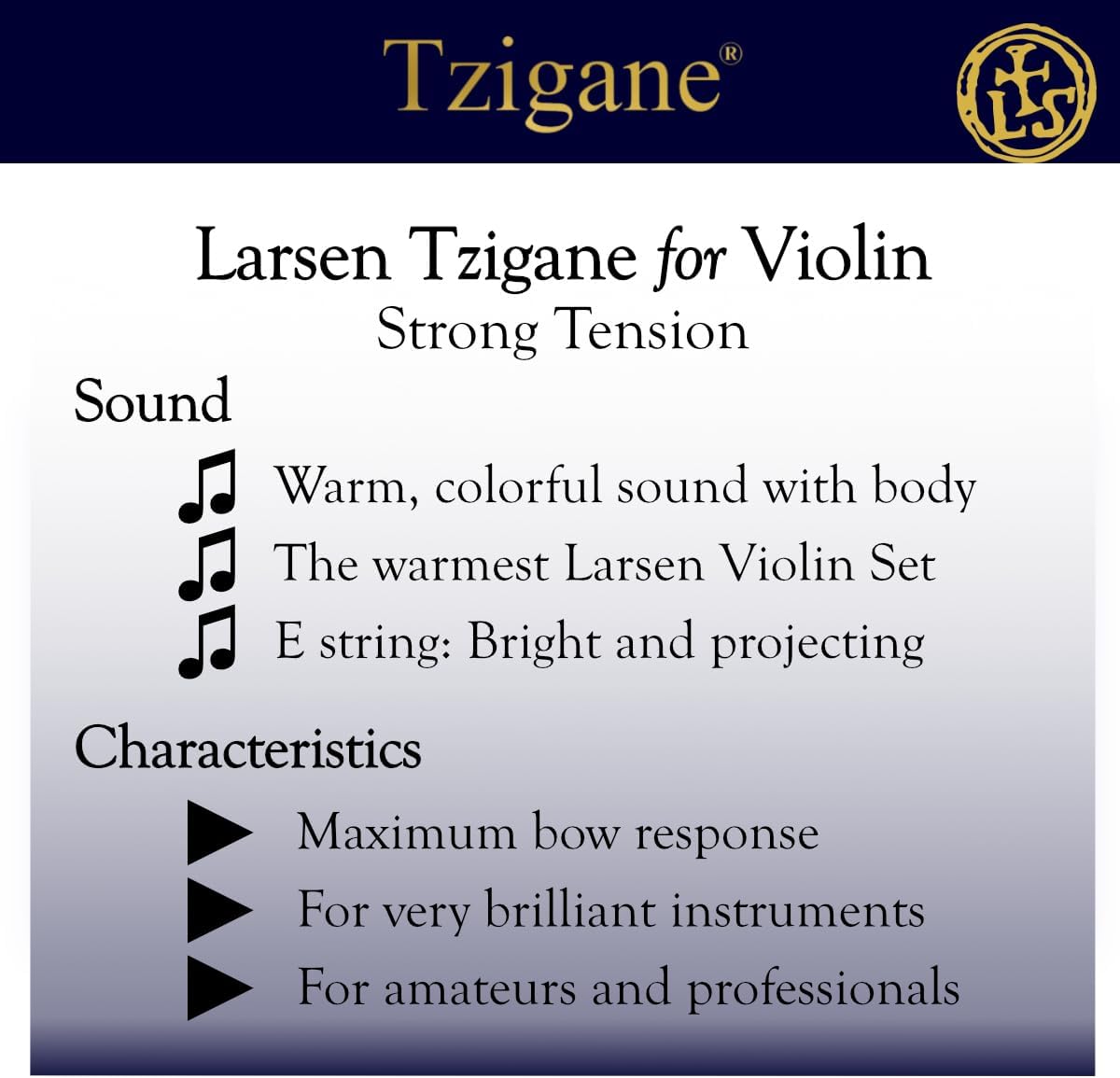Larsen Tzigane Violin Strings – Strong Tension Set for Power and Warmth and perfect for Bright Instruments