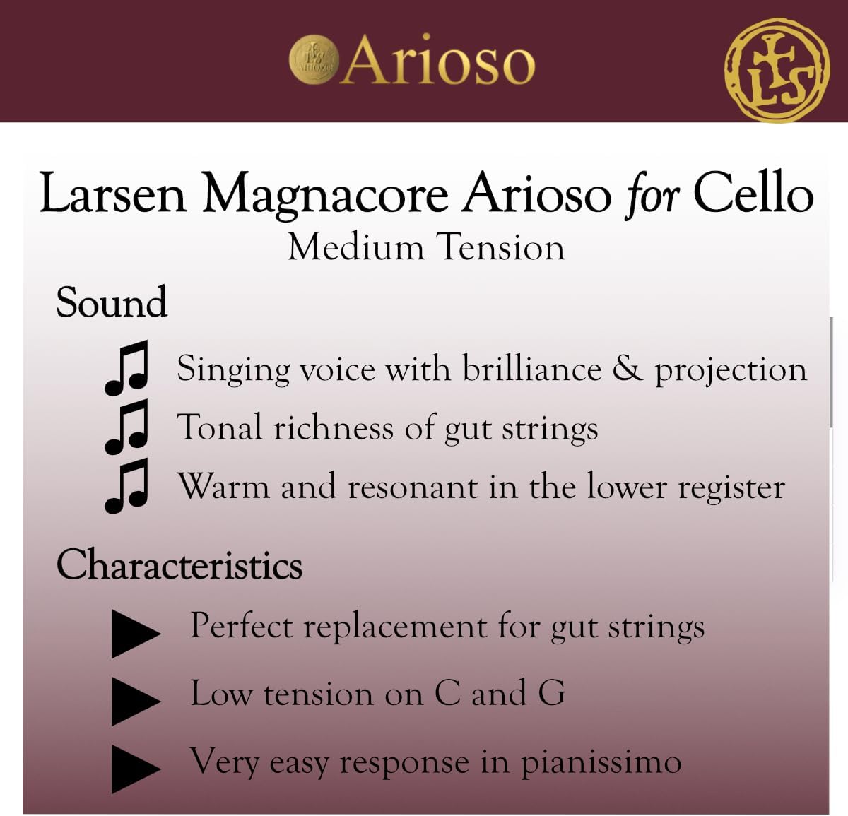 Larsen Magnacore Arioso Cello Strings – Medium Tension Set – Light Feel with Brilliant Depth